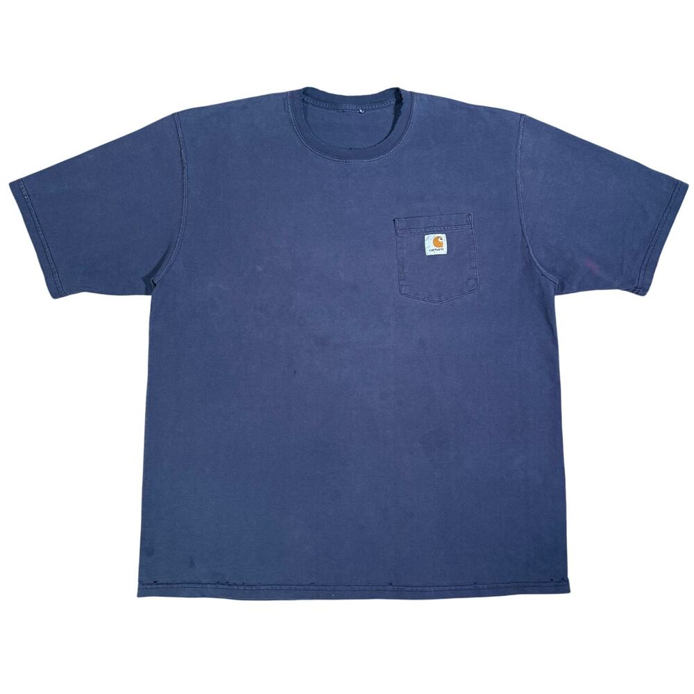 Carhartt Pocket T Shirt XL Distressed Navy Blue Workwear Heavyweight Logo Patch